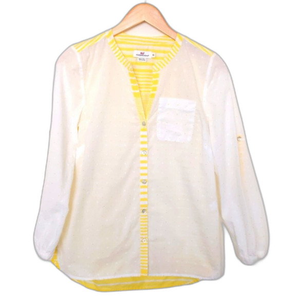 Womens Vineyard Vines White Swiss Dot Yellow Stripe Button Up Roll Sleeve Top XS - Picture 1 of 7
